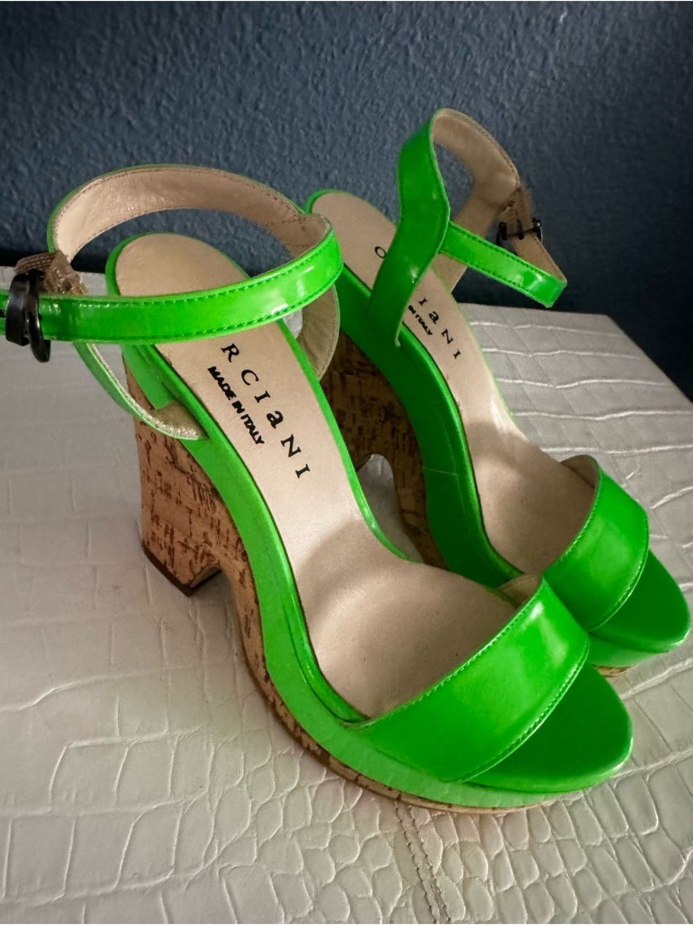 Orciani Neon Green Patent Cork Heel Sandals Italy Size 37